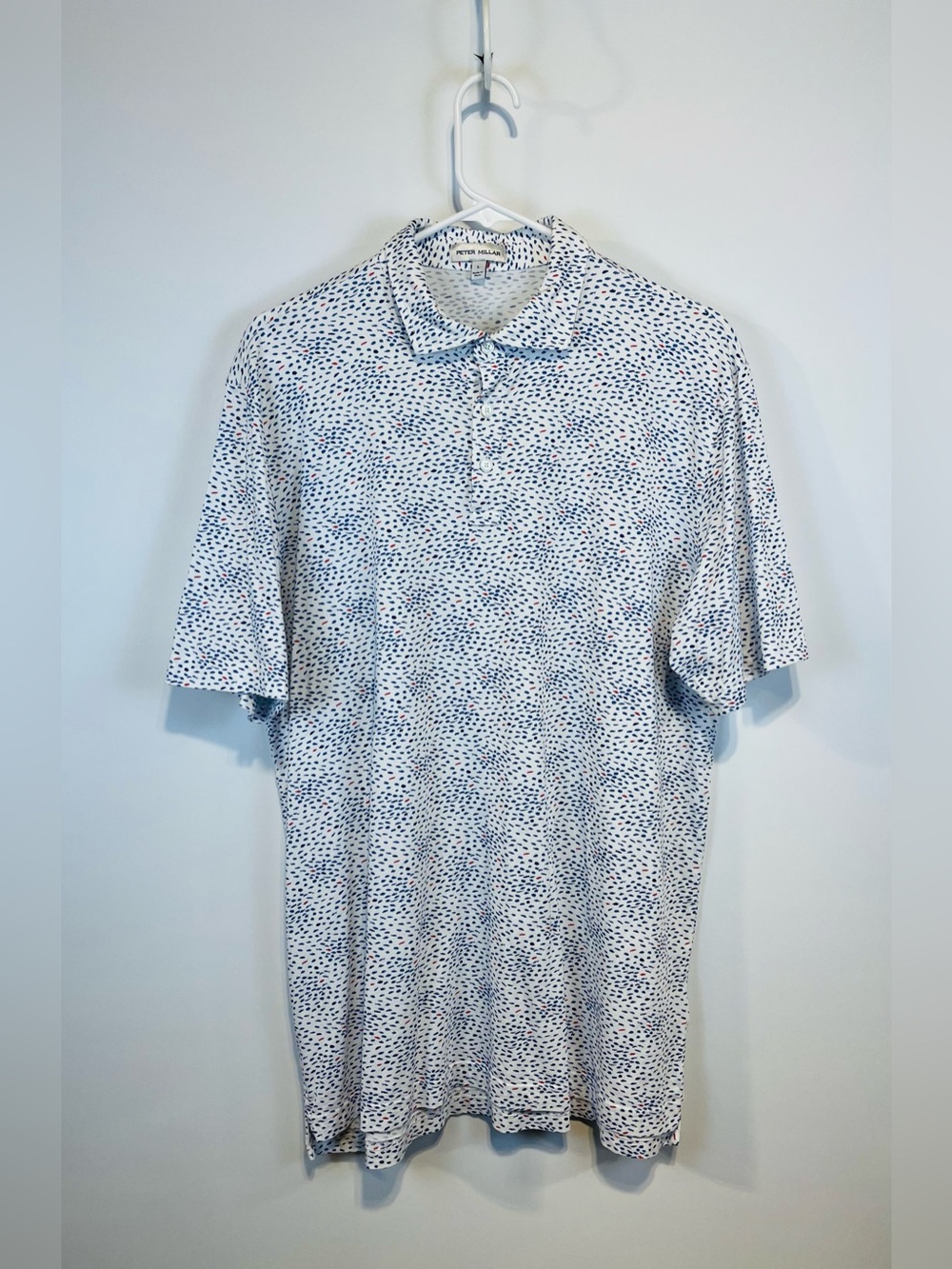 Peter Millar White Polo 100% Pima Cotton with Navy and Red Fish Pattern